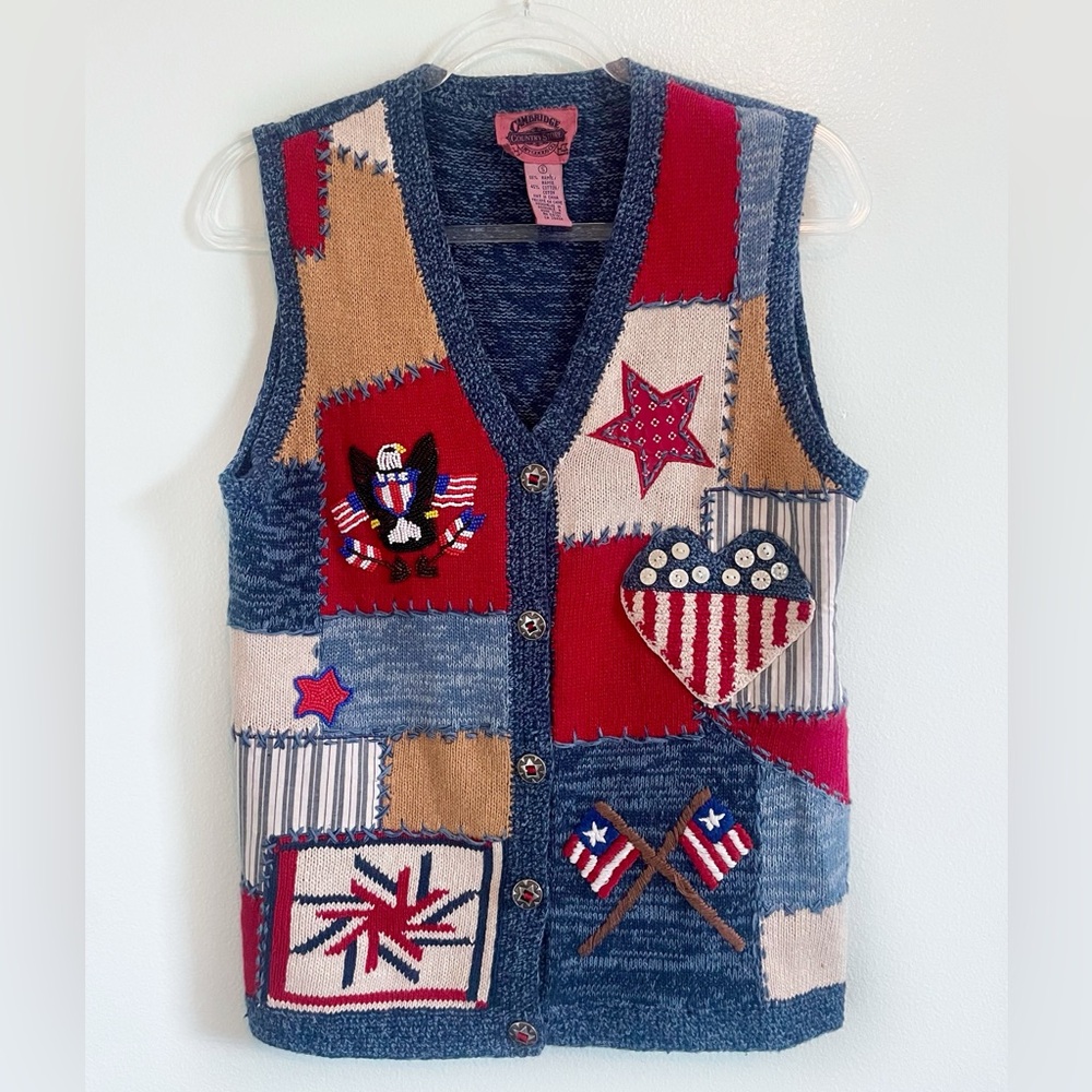 Vintage Americana Embellished Patchwork Grandma Sweater Vest